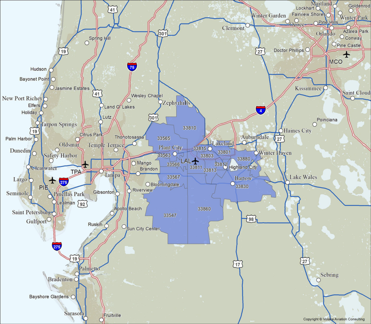 This is a map of the central Florida region with 15 counties outlined which make up the Lakeland Airport passenger catchment area.
