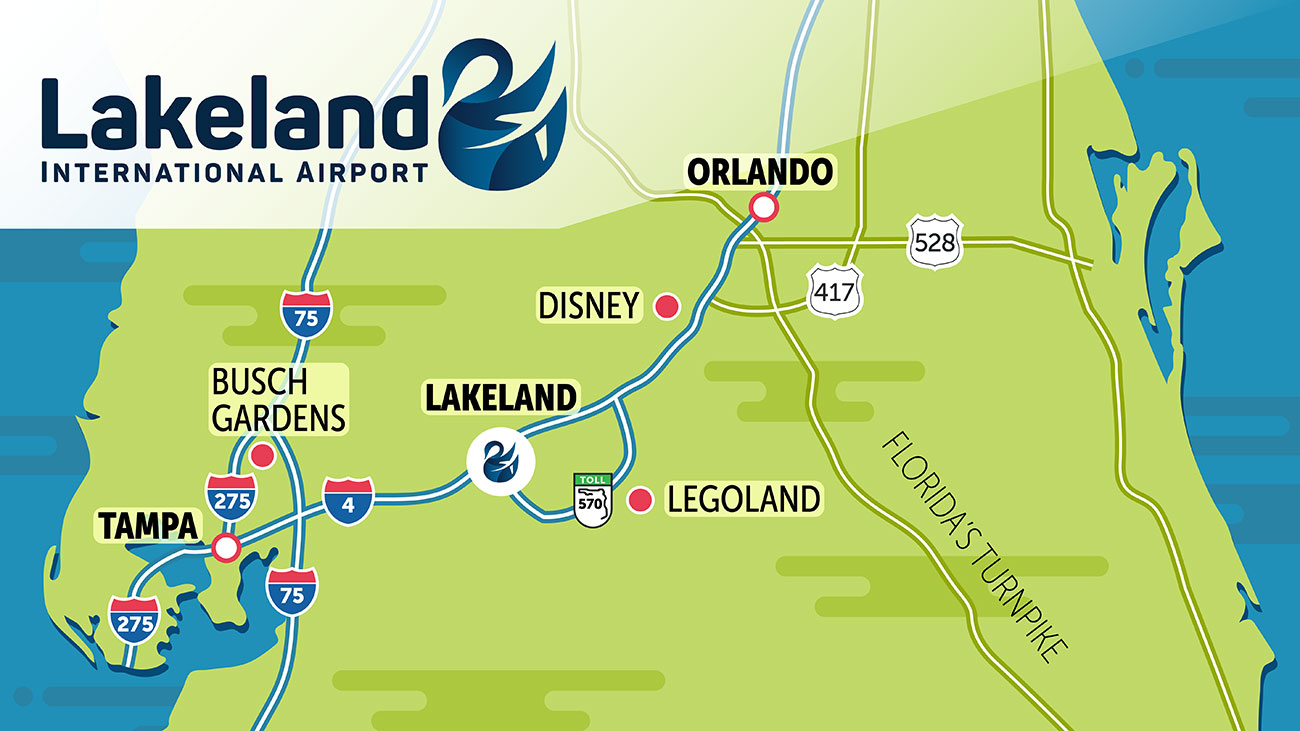 Map of Florida with FlyLakeland watermark showing the cities of Tampa, Lakeland, and Orlando and locations of Lakeland Linder international airport, Busch gardens, Legoland, and Disney. Busch garden can be reached from the airport via Drane field road, Polk parkway, (Interstate 4) I-4 W, and Exit 265. Legoland can be reached via Drane field road, Waring road, Polk parkway, SR 540 E, and Helena Road. Disney world can be reached via Drane field road, Polk parkway, I-4 E, Exit 62, and Seven seas drive.