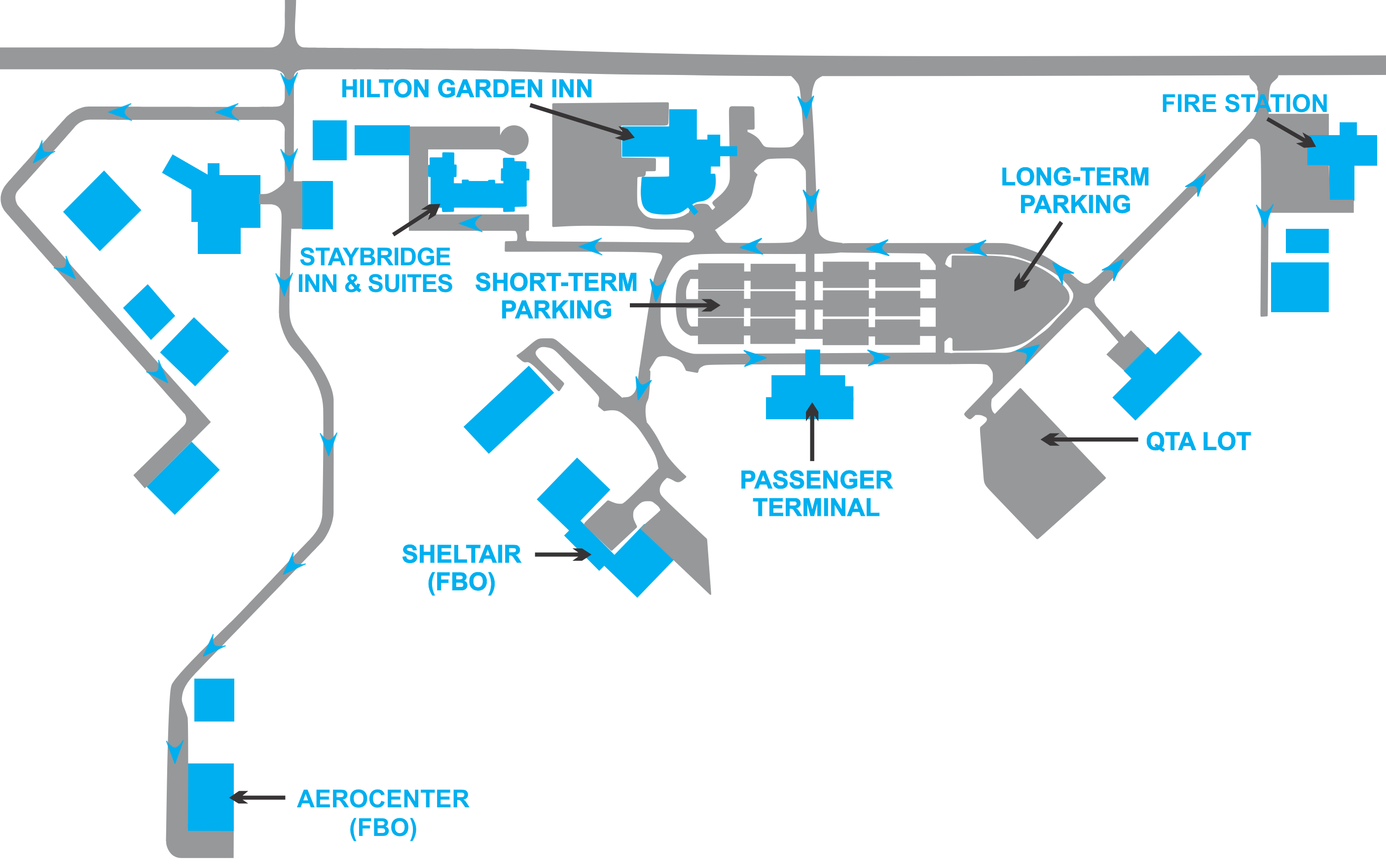 Parking is FREE at the Lakeland Airport and this map shows areas in blue for parking.