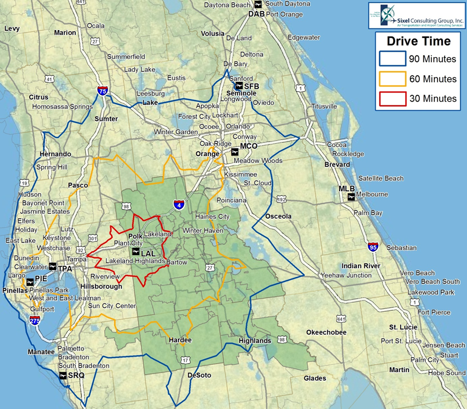 This is a map of the middle Florida Region with 3 outlines around the Lakeland Airport that shows the drive times between 30, 60, and 90 minutes.